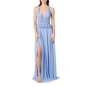 Dress the Population Athena Braided Blue Plunge V-Neck Halter Gown S NWT